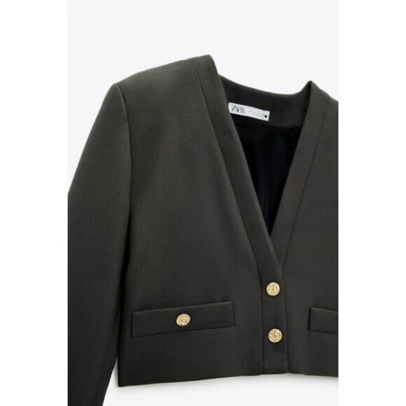 NWT ZARA Crop Blazer with Gold Buttons XS Dark Gray - Picture 4 of 12